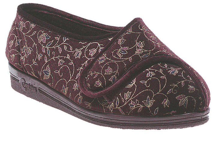 Comfylux Helen Womens SUPER WIDE FIT Wine Red Floral Open Out Washable Slippers