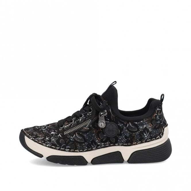 Rieker Antistress 45973 Metallic Black Floral Slip On Fashion Trainer Shoes With Lace Up Adjustment