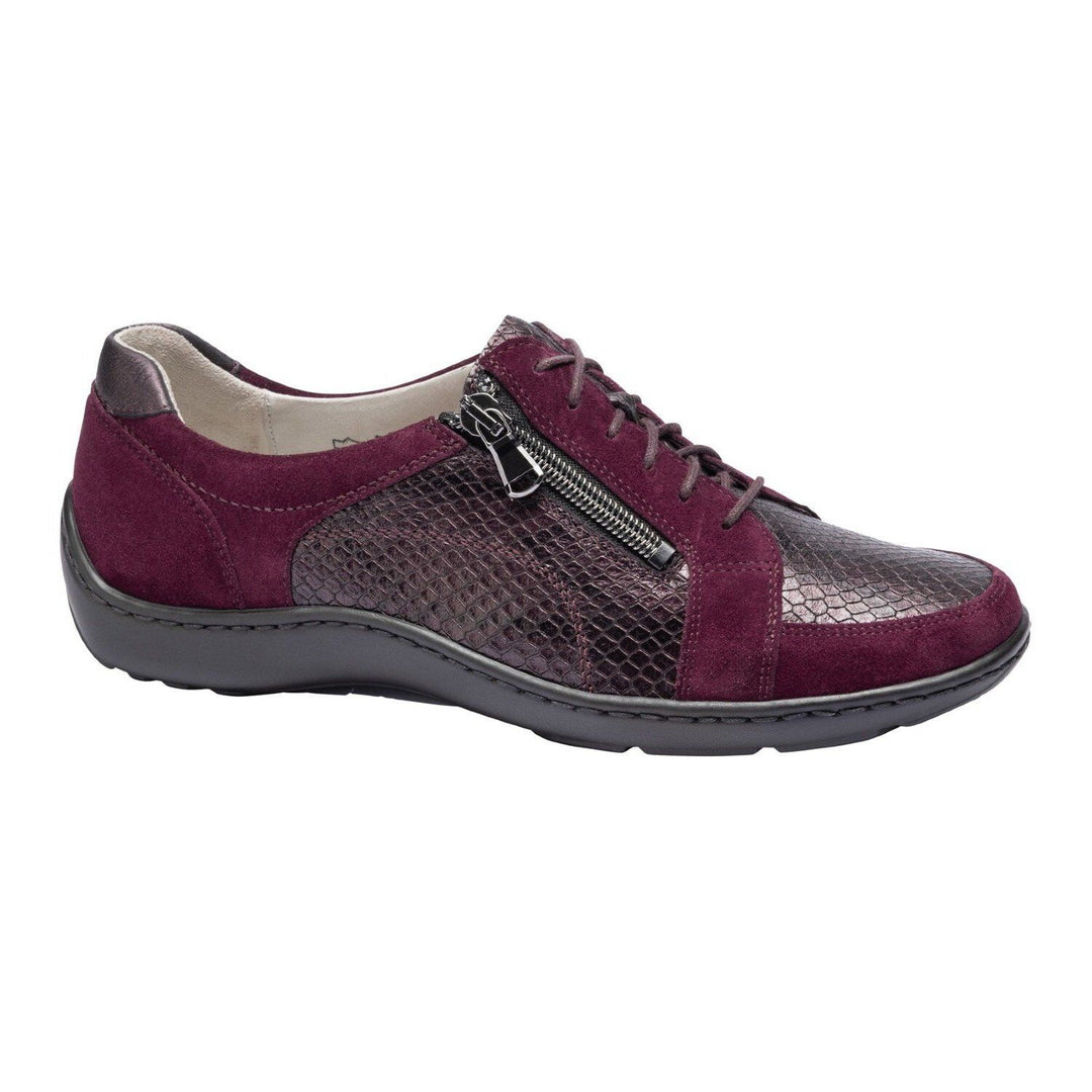 Waldlaufer Henni 496042 Burgundy Nubuck/Leather Snake Print Wide Fit Lace Up Casual Shoes