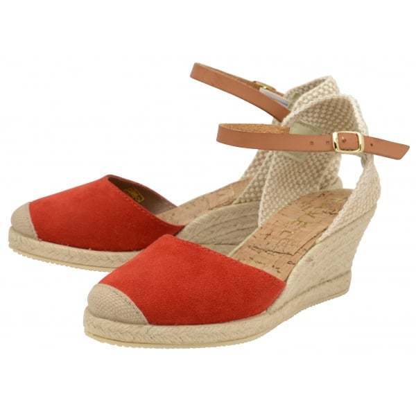 Ravel Etna Red Espadrille Suede Wedge Sandals With Cork Insoles & Buckle Fasten