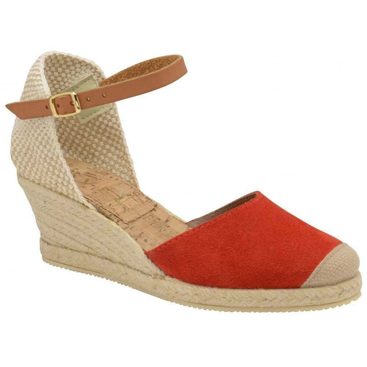 Ravel Etna Red Espadrille Suede Wedge Sandals With Cork Insoles & Buckle Fasten