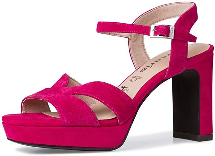 Tamaris 28309 Ladies Hot Fuxia Pink Suede Open Toe Buckle Fasten Party Block Heel Sandals 28309