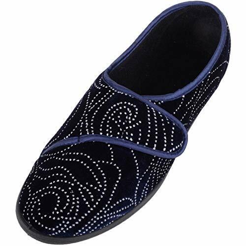 Jo & Joe Gloria Womens Navy Velour Single Touch Fasten Full Slippers With Glittery Swirl Pattern