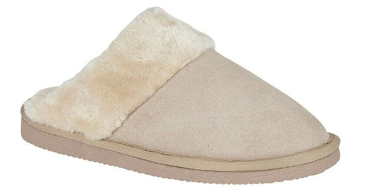 Mokkers Kelsei Womens Stone Beige Real Suede Faux Fur Lined Mule Slippers Ladies