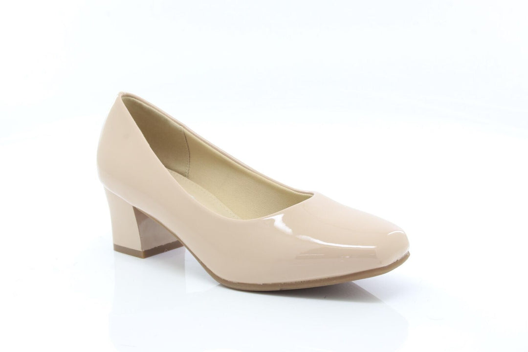 Comfort Plus Karly Ladies Wide Fit Nude Patent Slip On Block Heel Court Shoes