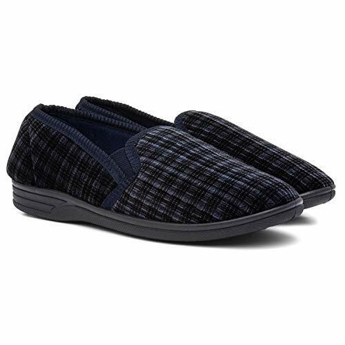 Jo & Joe Duke Mens Navy Blue Check Slippers Soft Velour Twin Gusset Full With Rubber Sole