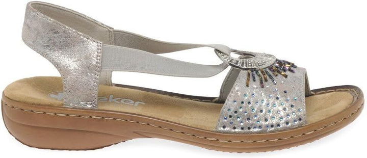 Rieker 60880 Ladies Silver Slip On Slingback Low Wedge Sandals Beads Disc Design