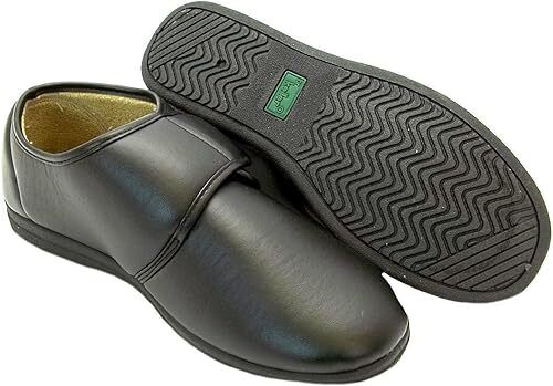 Dr Keller Chris Mens Black Faux Leather Touch Fasten WIDE Orthopaedic Slippers