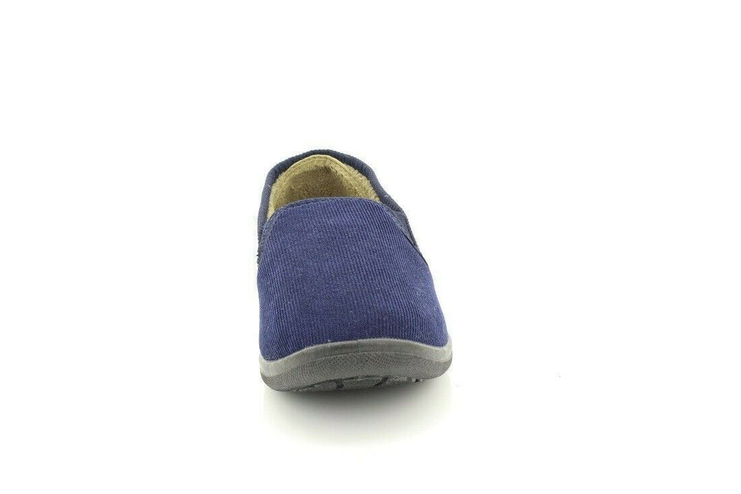 Dr Keller Donnael Mens Navy Soft Cord Twin Gusset Fleece Warm Lined Full Slippers With Rubber Sole