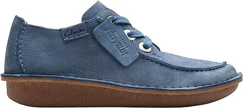 Clarks Funny Dream Womens Leather Lace Up Curved Wedge Comfort Shoes Blue Nubuck