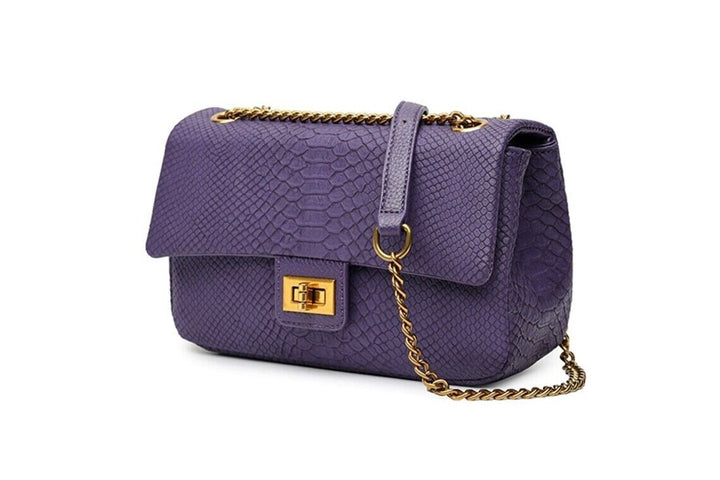 Long & Son Ladies Purple Lizard Print Handbag Crossbody Bag Strap Chain Pockets