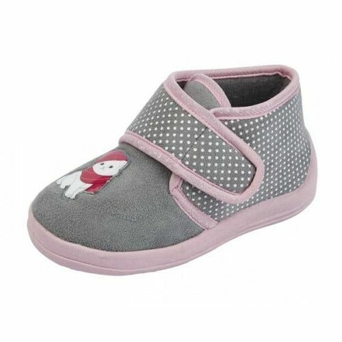 Sleepers Girls Slippers Grey & Pink Cat Motif Polka Dot Warm Booties With Strap