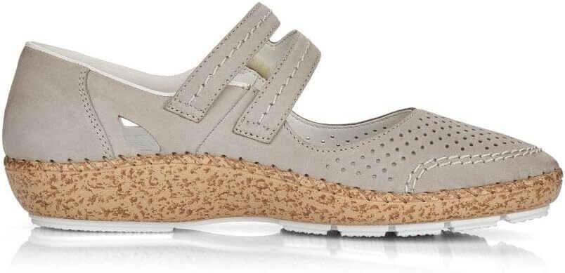 Rieker 44885 Ladies Grey Beige Perforated Leather Mary Jane Strap Shoes