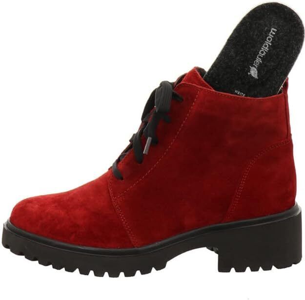 Waldlaufer H-Luise Ladies Wide Fit Red Suede Leather Lace/Zip Up Ankle Boots