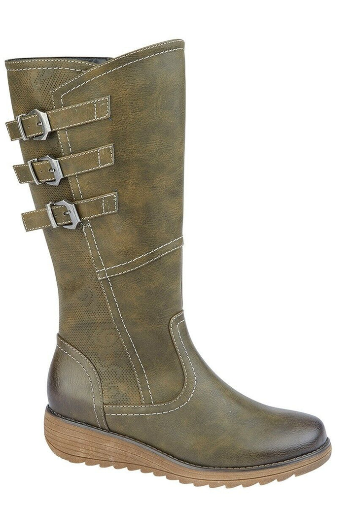 Cipriata L239 Women's/Ladies Olive Green WIDE Knee High Vario Calf Fitting Wedge Boots With Inside Zip & Memory Foam