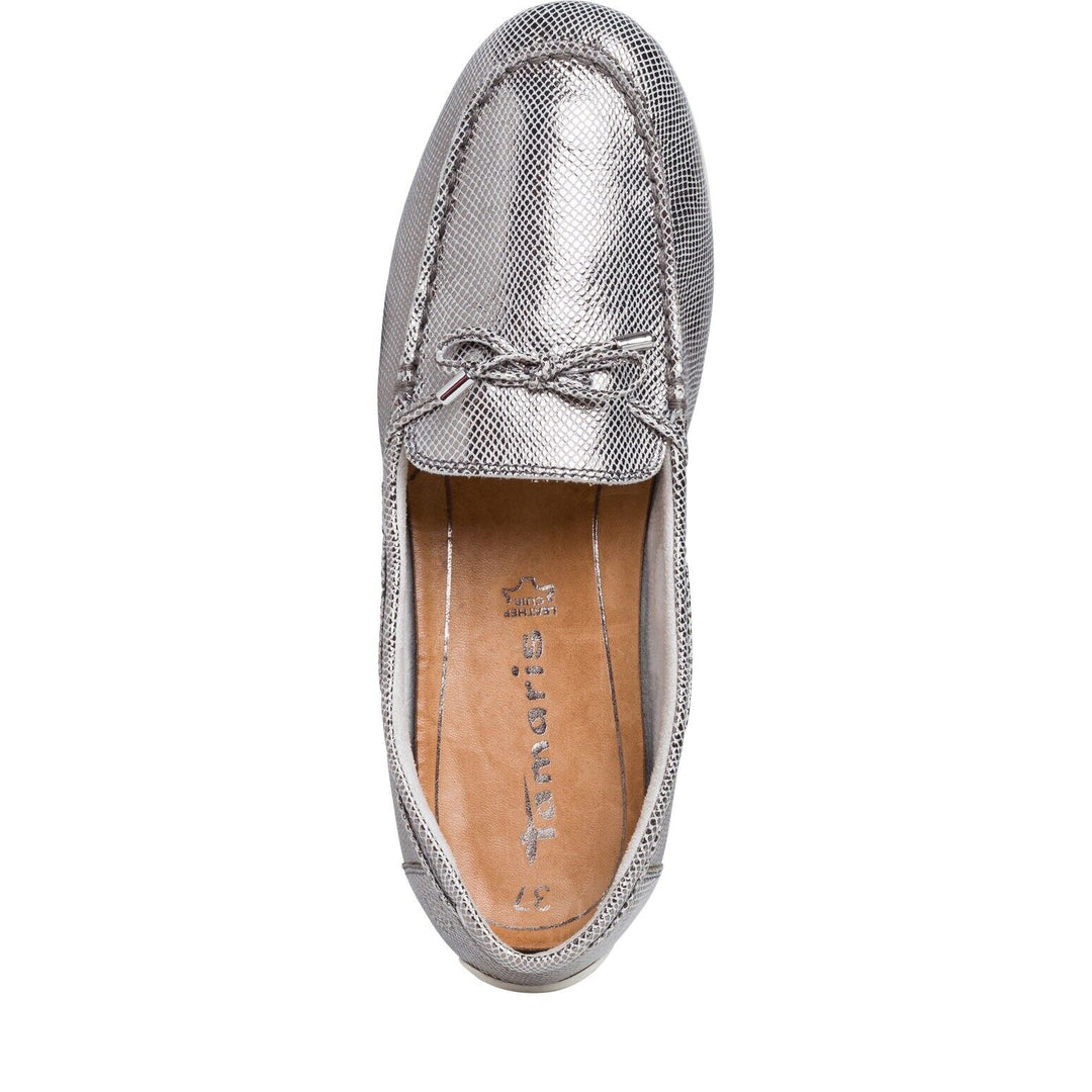 Tamaris 24603 Ladies Silver Snake Print Leather Moccasin Loafers/ Driving Shoes With Leather Cushion Insole