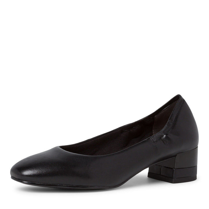 Tamaris 22301 Black Soft Leather Court Shoes  Elasticated Patent Low Block Heel