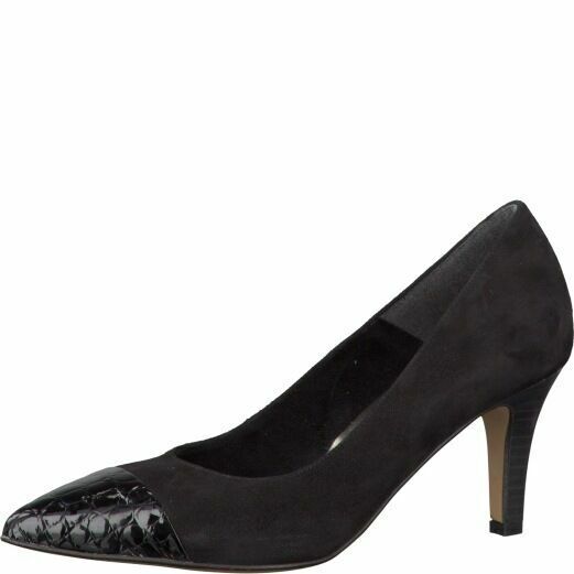 Tamaris 22412 Black Suede Pointed Toe Stiletto Court Shoes Croc Leather Comfort