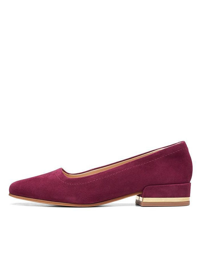 Clarks Seren30 Womens Merlot Colour Suede Court Low Block Heel D Fit Court Slip On Shoes