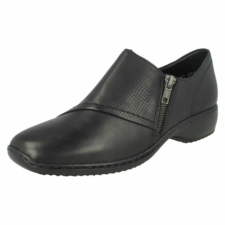 Rieker L3867 Ladies Black Leather Comfort Padded Insole Wedge Zip Shoe