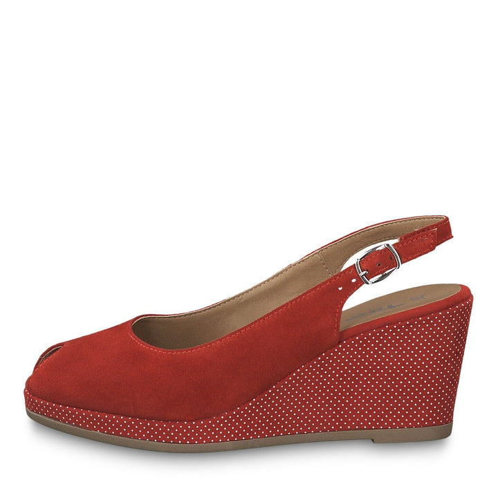 Tamaris 29303 Ladies Red Suede & White Polka Dots 40's Inspired Espadrille Peep Toe Wedge Sandal