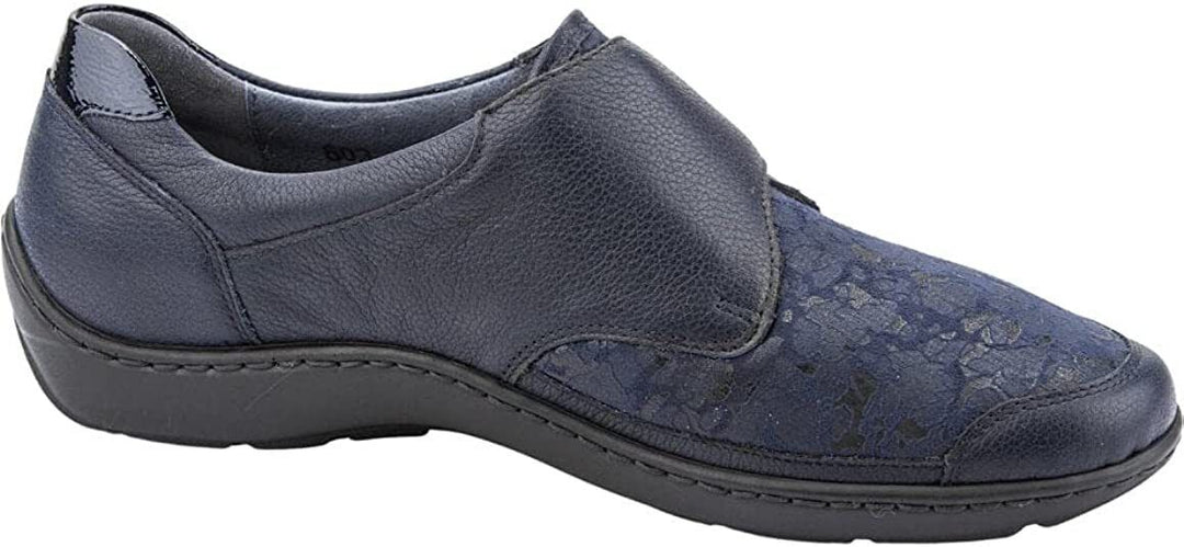 Waldlaufer Henni 496H31 Navy Leather/Textile WIDE FIT Floral Touch Fasten Shoes