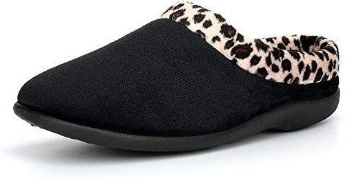 Sleepers LS801 Ladies Black Velour With Leopard Print Trim Memory Foam Mule Slippers