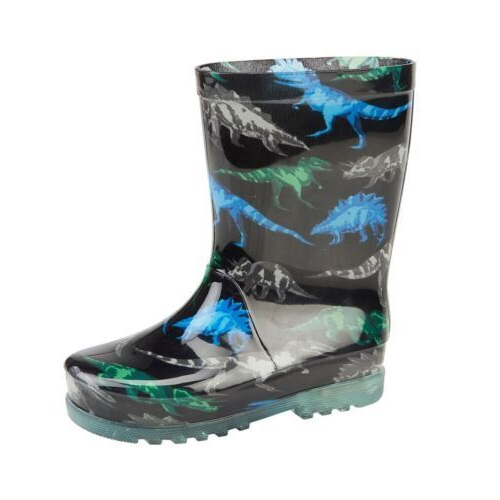 Kids Waterproof Wellies Black Dinosaur Design With Flashing LED Lights