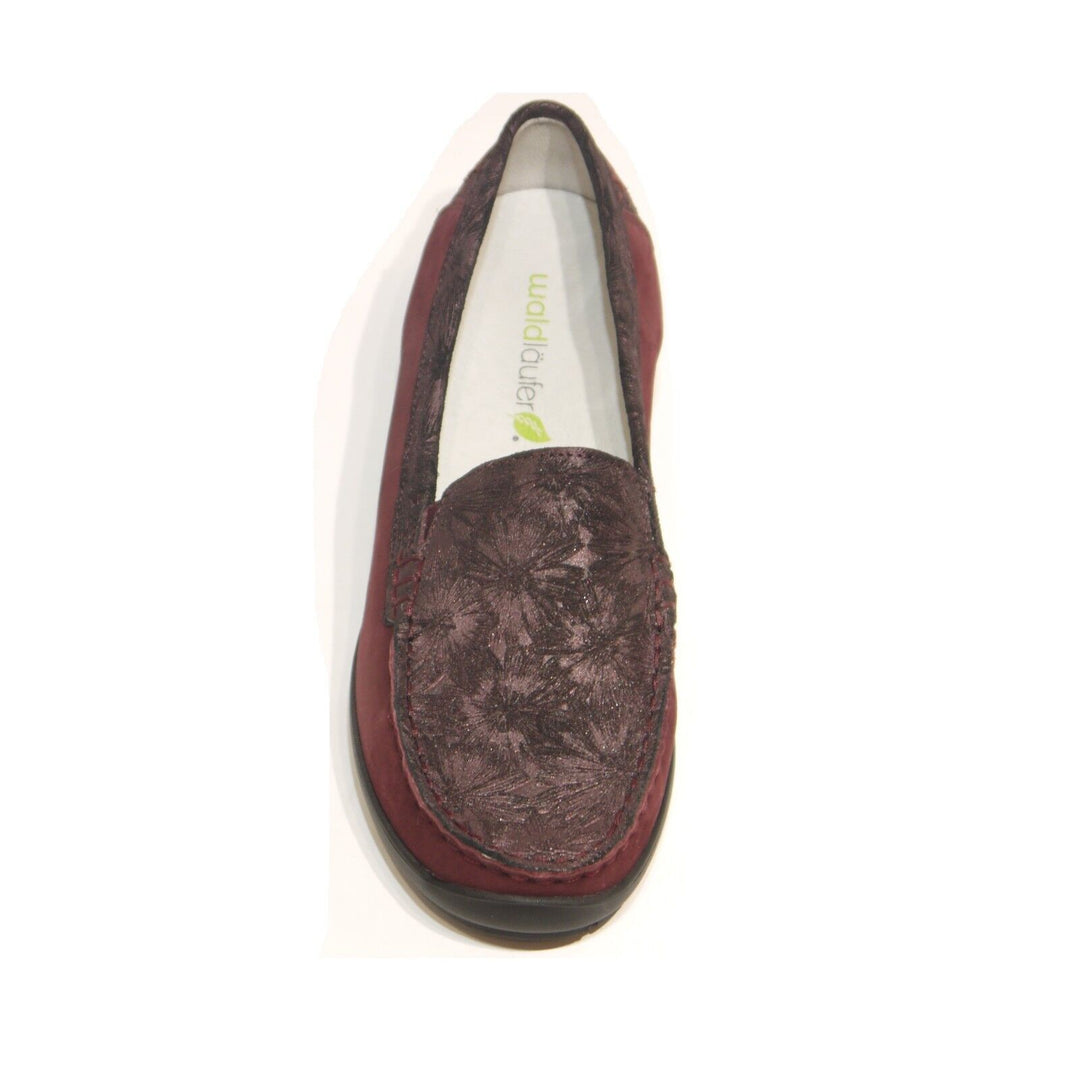 Waldlaufer 348501 Hanin WIDE FIT Maroon Leather Floral Slip On Moccasin Loafers