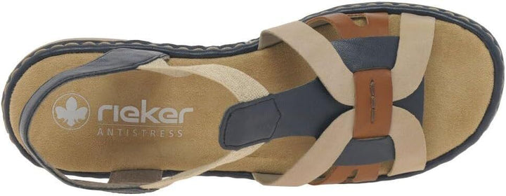 Rieker 65918 Ladies Navy/Tan/Beige Low Wedge Elasticated Slingback Sandals