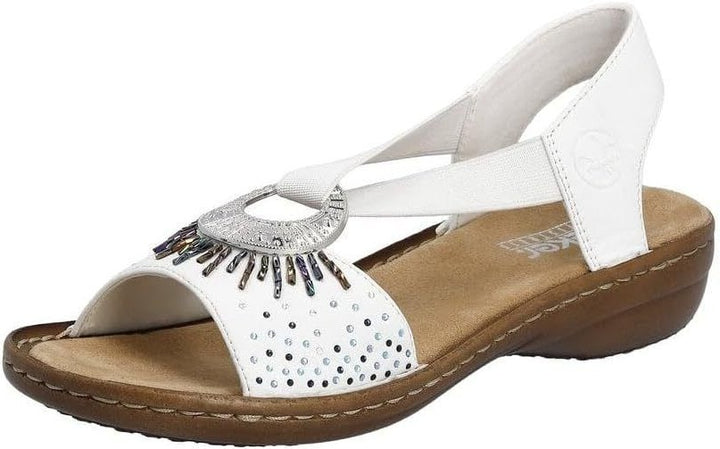 Rieker 60880 Ladies White Slip On Slingback Low Wedge Sandals Beads Disc Design