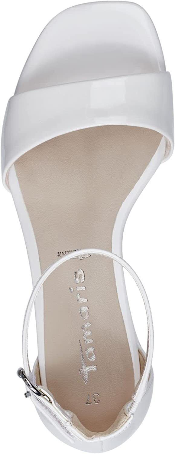 Tamaris 28228 Ladies Vegan White Patent Block Heel Touch Fasten Strap Sandals