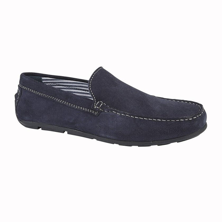 Roamers M885 Mens Navy Blue Suede Slip On Striped Lining Light Weight Moccasin Loafers