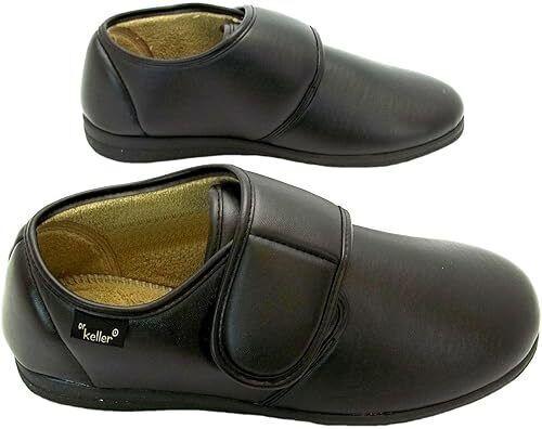 Dr Keller Chris Mens Black Faux Leather Touch Fasten WIDE Orthopaedic Slippers