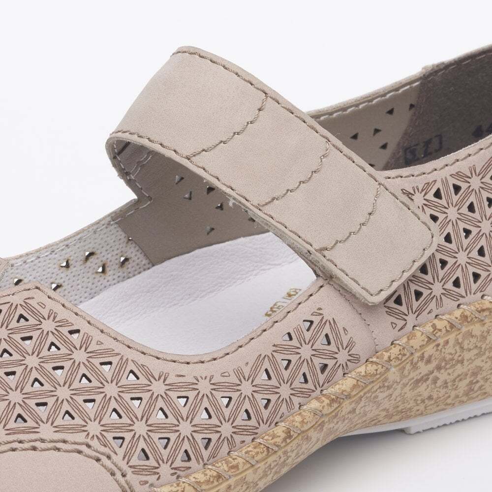 Rieker 44864 Wide Fit Ladies Beige Perforated Leather Mary Jane Strap Shoes