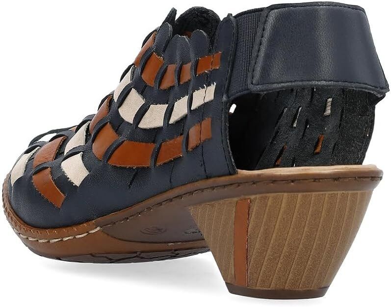 Rieker 46778 Ladies Blue Combi Interwoven Leather Slingback Block Heel Sandals