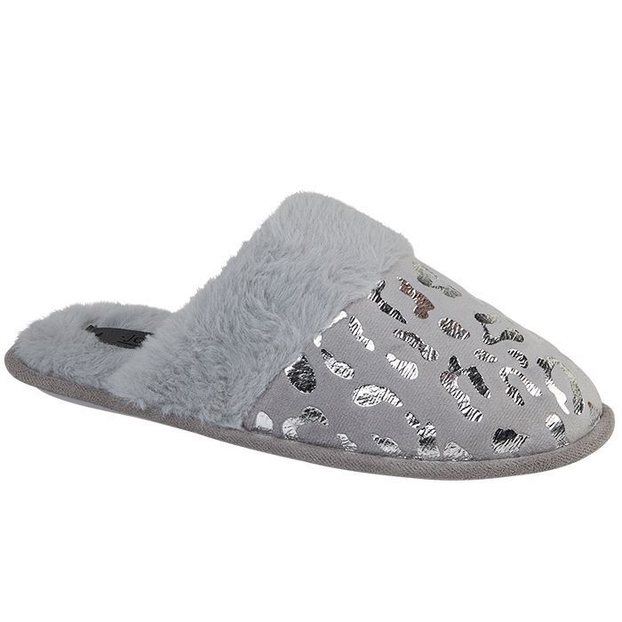 JO & JOE TRIBAL LADIES GREY VELOUR FOIL PRINT WARM FAUX FUR LINED MULE SLIPPERS