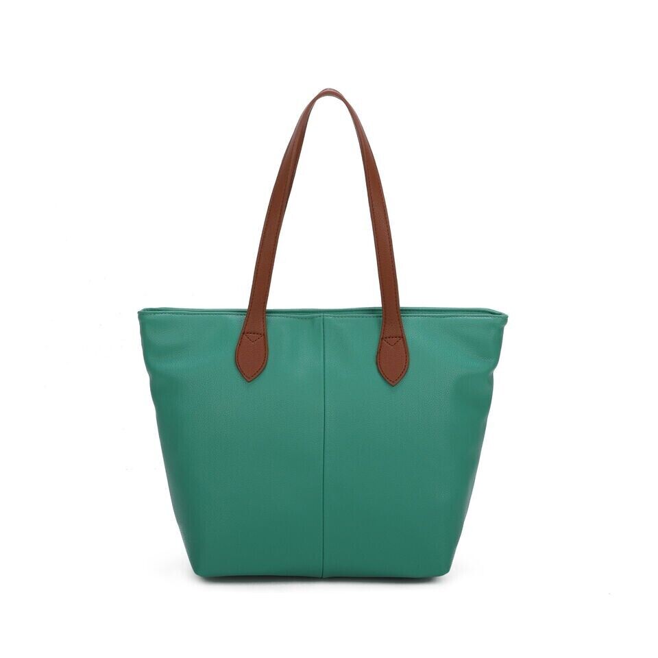 Faux Leather Medium Tote Shoulder/Shopping Bag With Tan Strap And Zip Fastening Teal