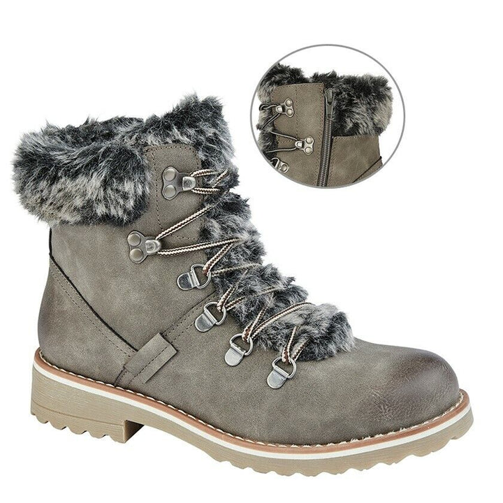 Cipriata L299 Womens Grey Faux Fur Collar Zip Up Combat Chunky Warm Ankle Boots