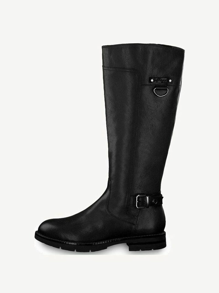 Tamaris 25603 Black Premium Leather High Cut Riding Boots With Zip & Buckle Trim