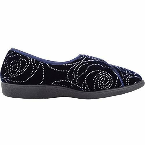 Jo & Joe Gloria Womens Navy Velour Single Touch Fasten Full Slippers With Glittery Swirl Pattern