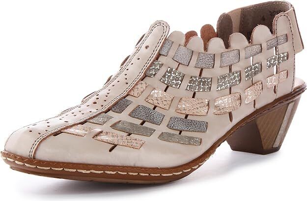 Rieker 46778 Ladies Beige Combi Interwoven Leather Slingback Block Heel Sandals