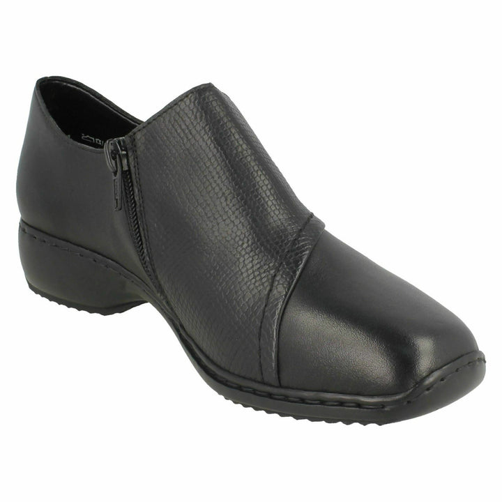 Rieker L3867 Ladies Black Leather Comfort Padded Insole Wedge Zip Shoe