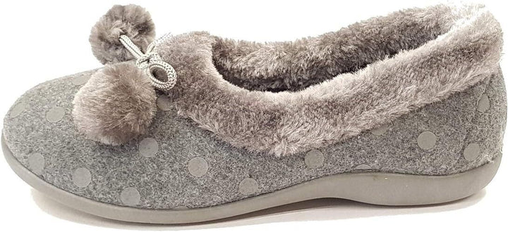 Sleepers Marge Ladies Grey Felt Memory Foam Slip On Polka Dot Pom Pom Slippers