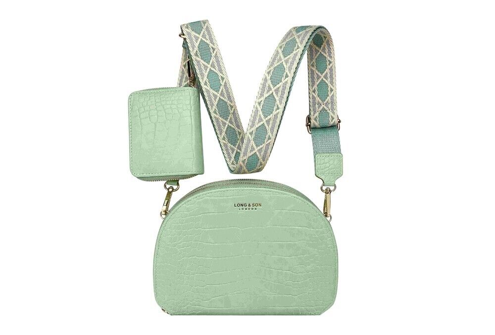 Long & Son Ladies Green Small Double Zip Crossbody Bag With Purse Fabric Strap