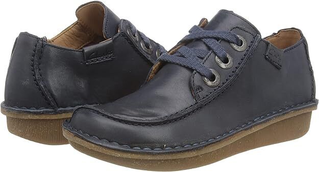 Clarks Funny Dream Womens Lace Up Curved Wedge Square Toe Shoes Navy Leather