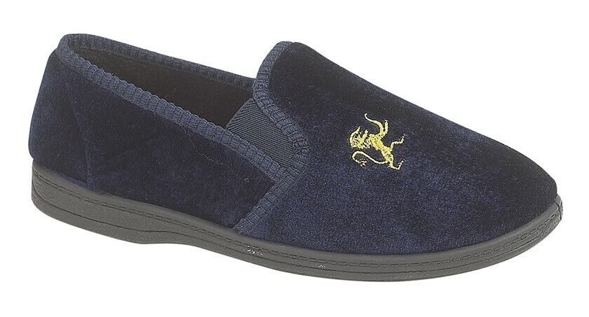 Sleepers Kyle Boys Slippers Navy Blue Velour Slip On Embroidered Lion Motif