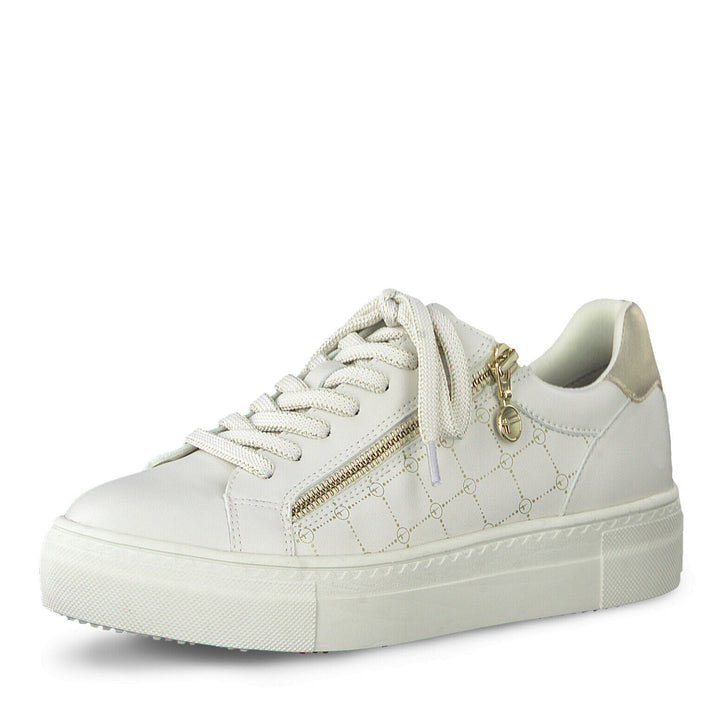 Tamaris 23313 Vegan Ladies Cream Gold Lace Up Trainers With Zip Lightweight Athleisure