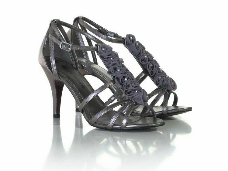 Tamaris 28061 Ladies Pewter Metallic Stiletto High Heels Ruffle Detail Wedding Strappy