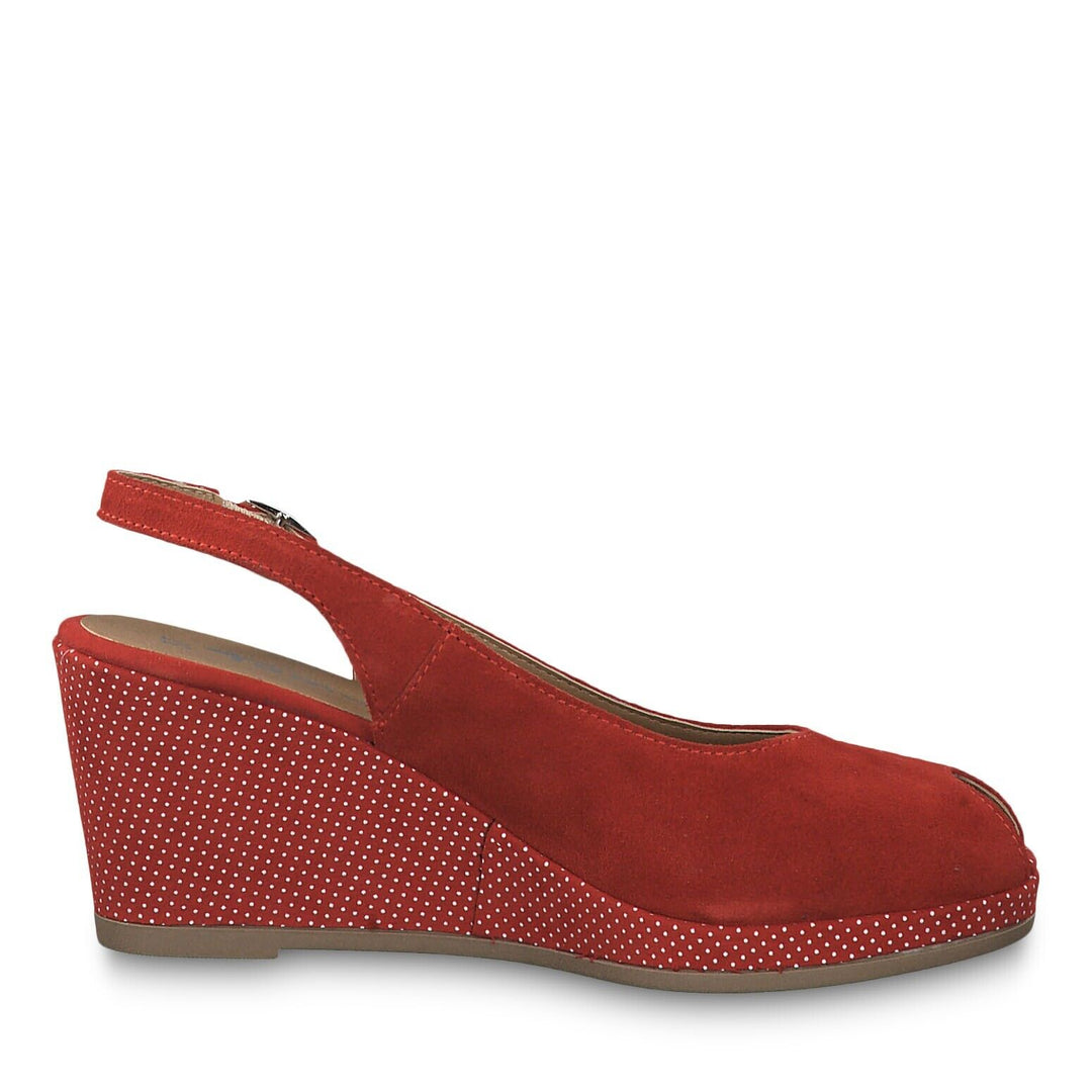 Tamaris 29303 Ladies Red Suede & White Polka Dots 40's Inspired Espadrille Peep Toe Wedge Sandal